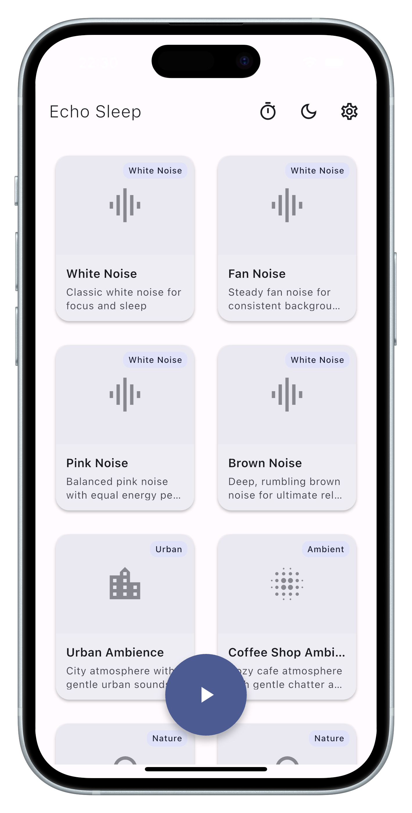 Echo Sleep app home screen showing sound library
